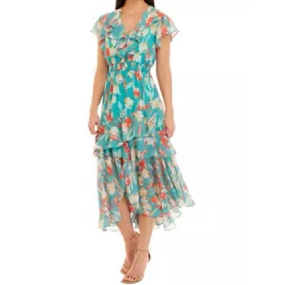 Fairy Whimsical Dress‎ Taylor 8 Short Sleeve V-Neck Ruffle Floral Chiffon Tiered